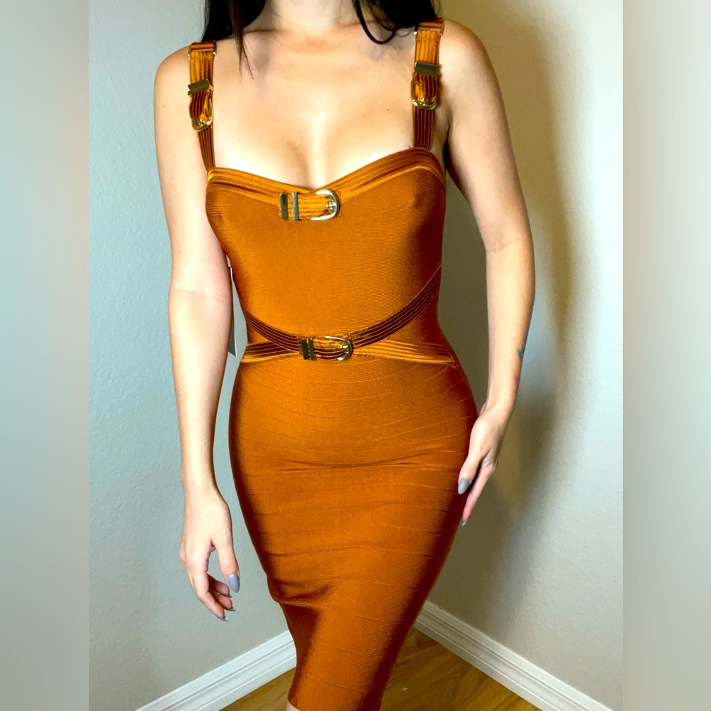 Marciano Brown Bandage Body Con Dress XS gold